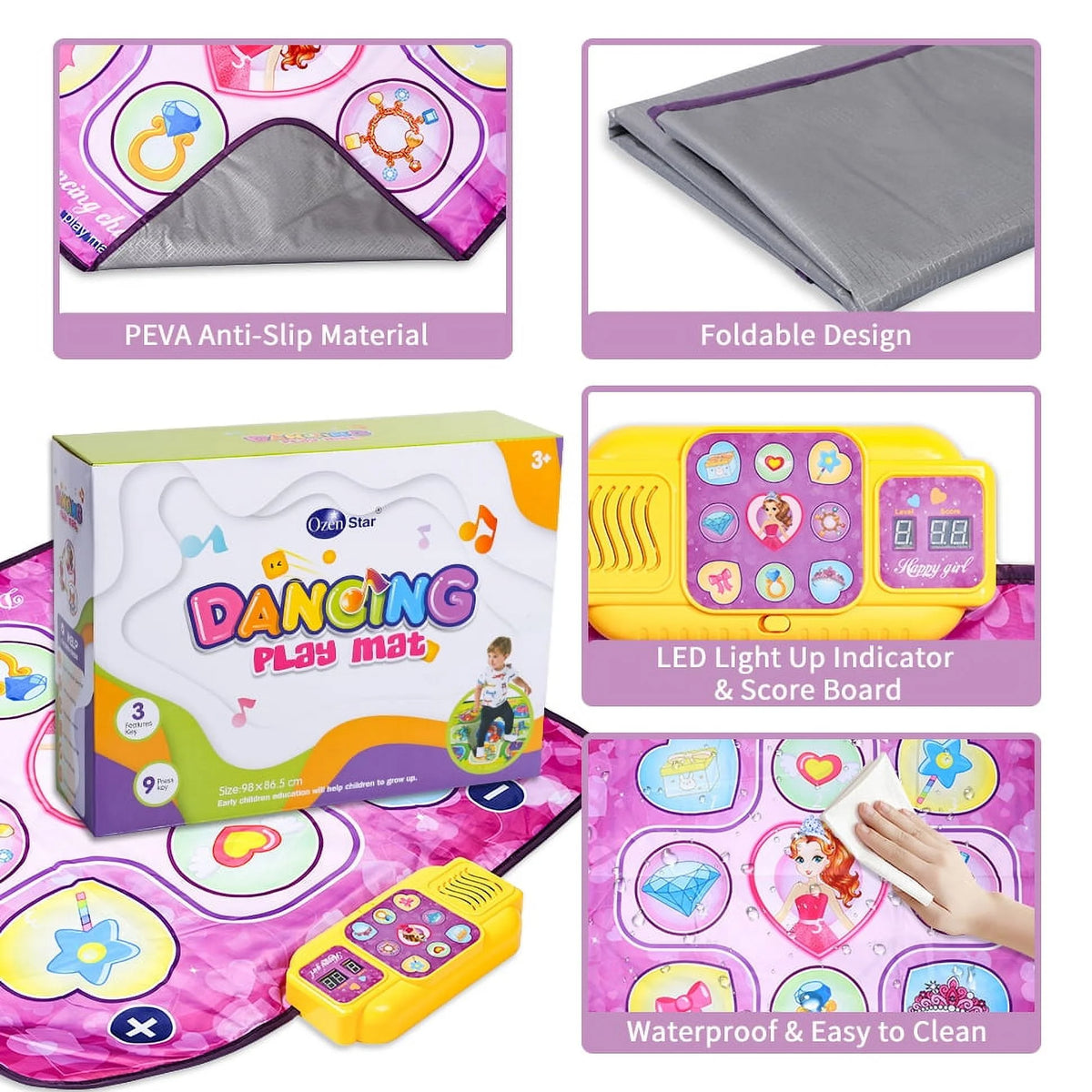 Dance Mat Toys with LED Lights, 9 Built-in Music, 7 Game Modes J4340