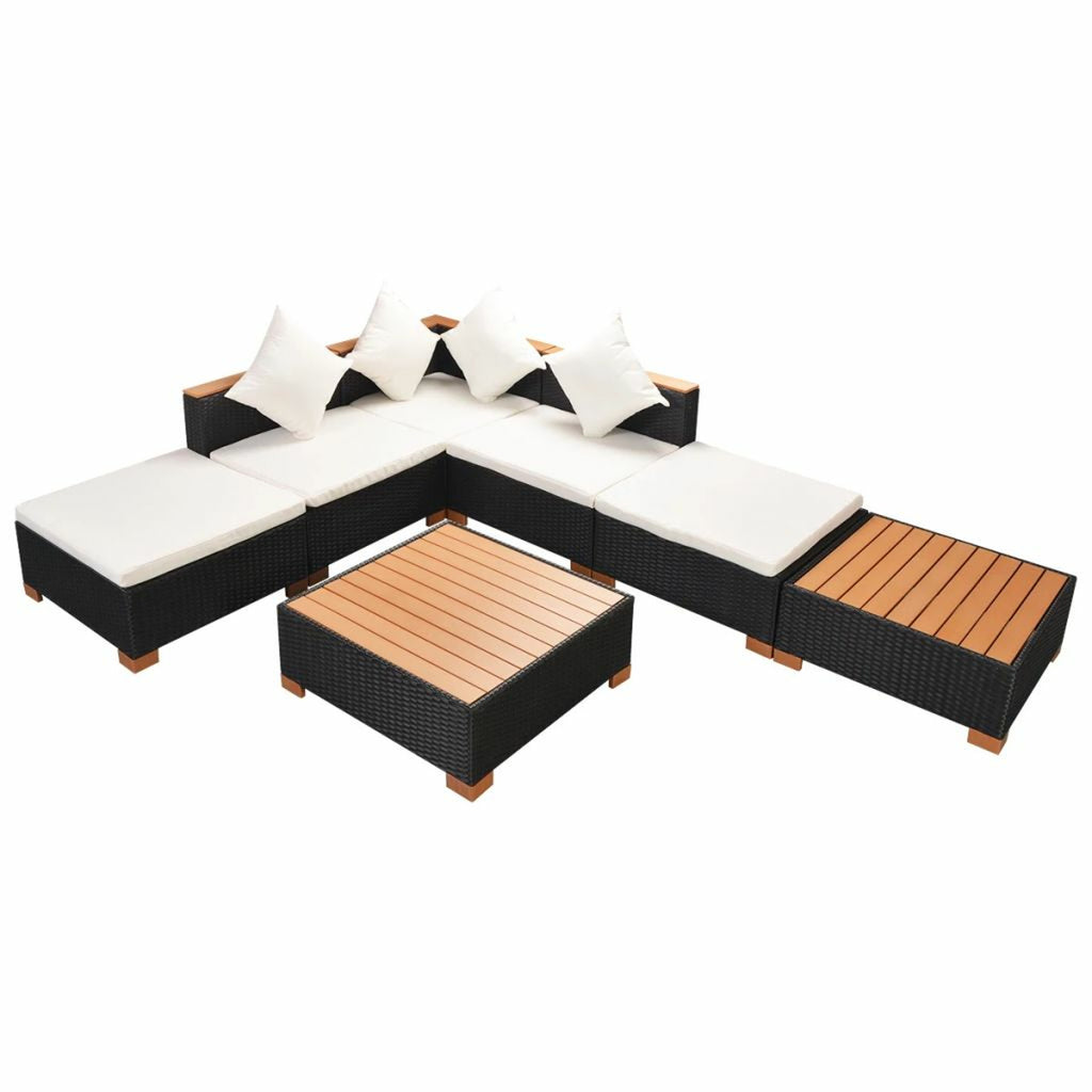7 Piece Outdoor Sectional Sofa Set with Coffee Table and Ottoman Black Poly Rattan M630
