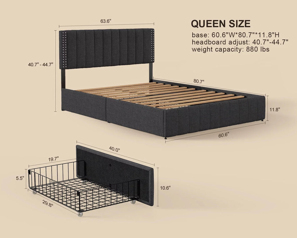 Queen Bed Frame with Adjustable Headboard and 4 Storage Drawers S66694