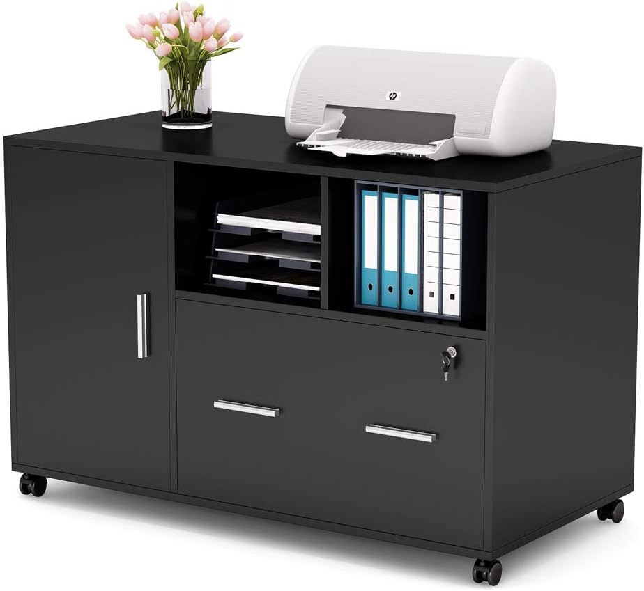 White Mobile Lateral File Cabinet with Lock and Drawer E890015