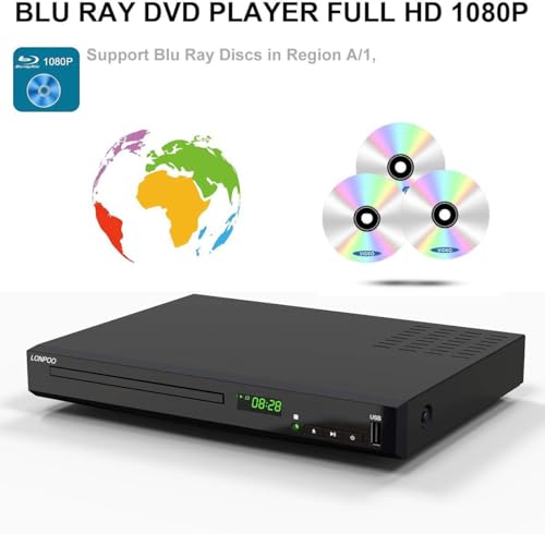 HD Blu-Ray Disc Player with HDMI and AV Cables, 1080P, PAL NTSC, Coaxial Output, USB Input Y721