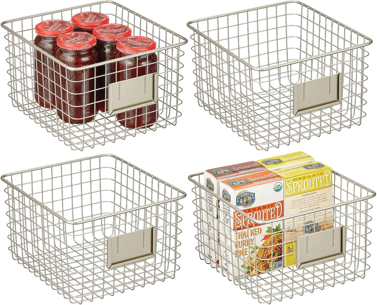 Bronze Metal Wire Food Organizer Storage Bin Basket with Label Slot, 4 Pack Y260011