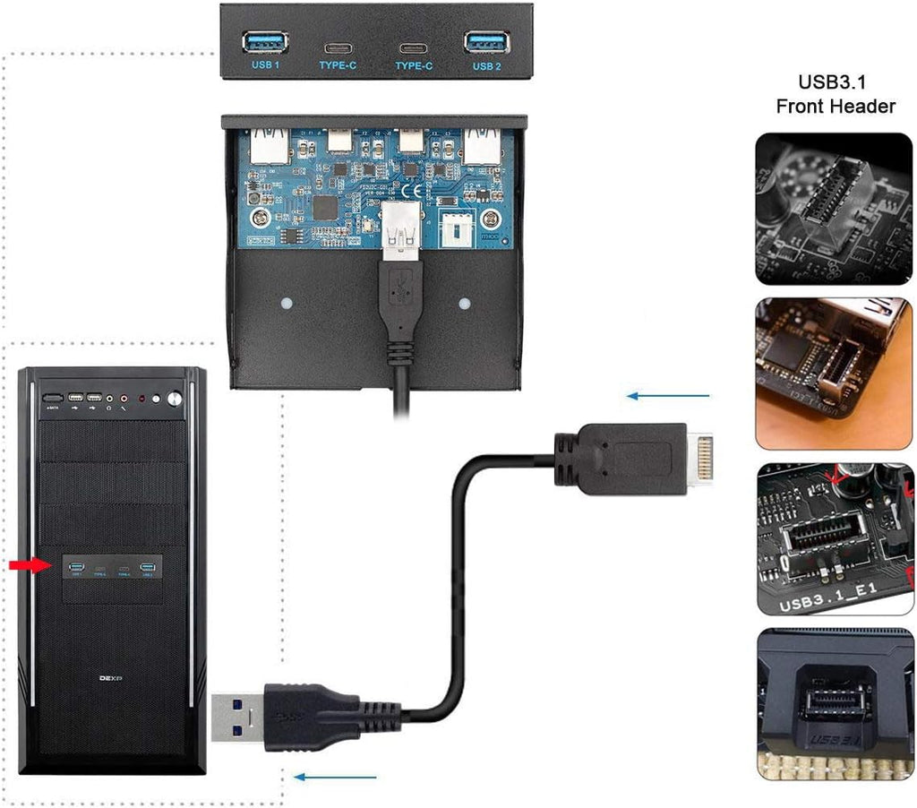 USB 3.1 Front Panel Header to USB-C & USB 3.0 HUB 4 Ports Motherboard Cable T224223