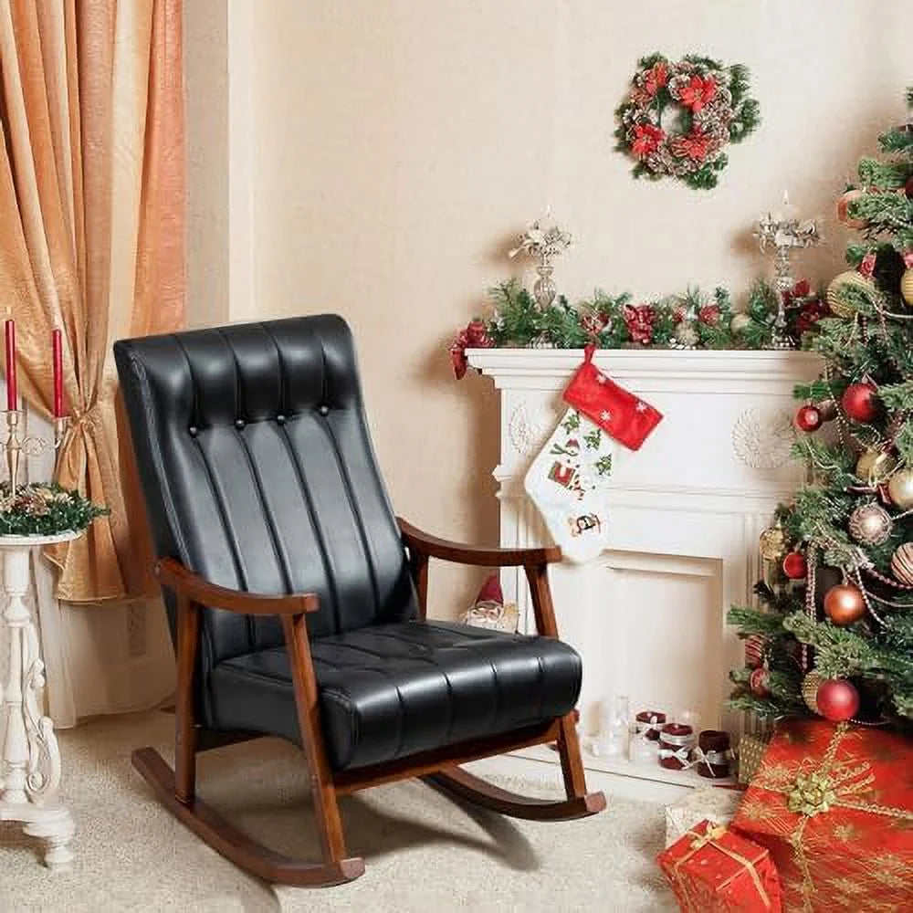 Upholstered Rocking Chair with Fabric Padded Seat Solid Wood High Back Armchair Grey E4479