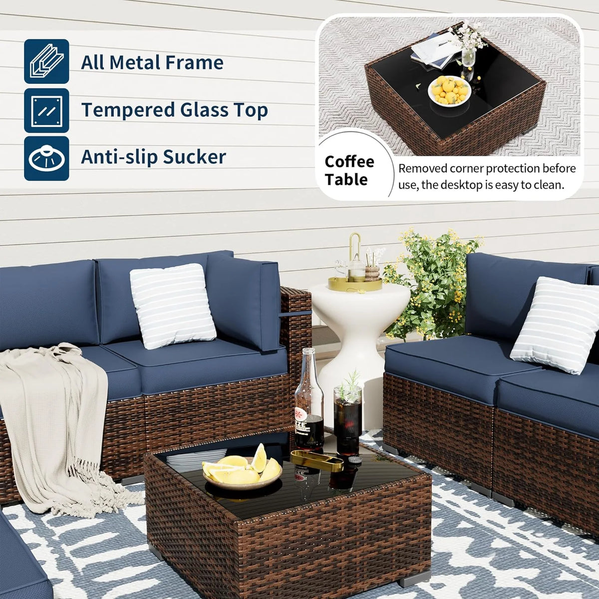 7 Pieces PE Rattan Wicker Patio Furniture Set with Glass Table R95567