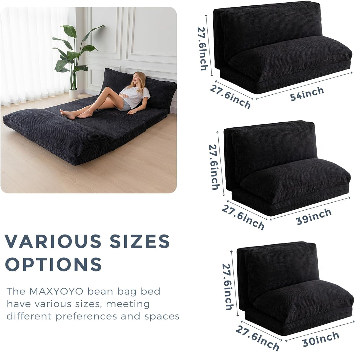 Black Corded Washable Bean Bag Bed Folding Sofa Bed Floor Mattress, 39x95 Inch P228