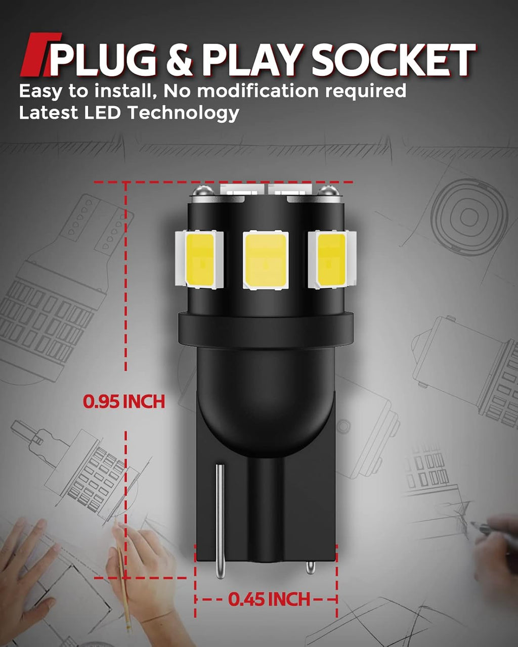 194 LED Light Bulb, 10PC T10 168 6000K 5SMD 2825 LED Replacement Bulbs, Pack of 10 M709934