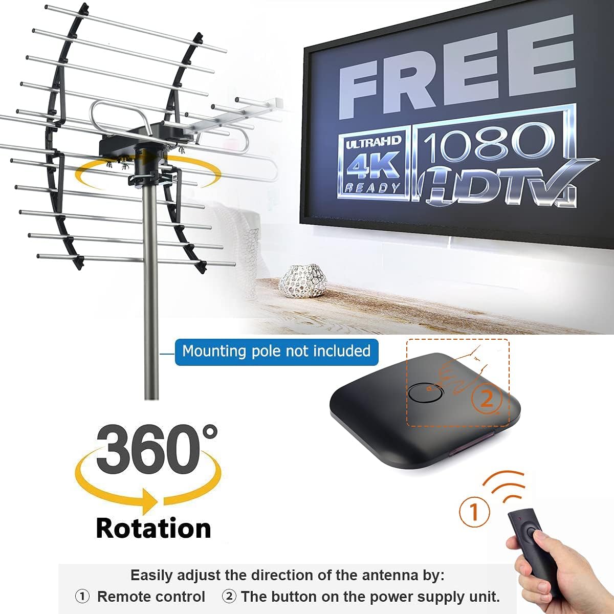 Digital HD TV Antenna, Outdoor Attic Antenna, 360 Degree Rotation Wireless Remote, 200 Miles Range, 4K 1080P VHF UHF Q6241