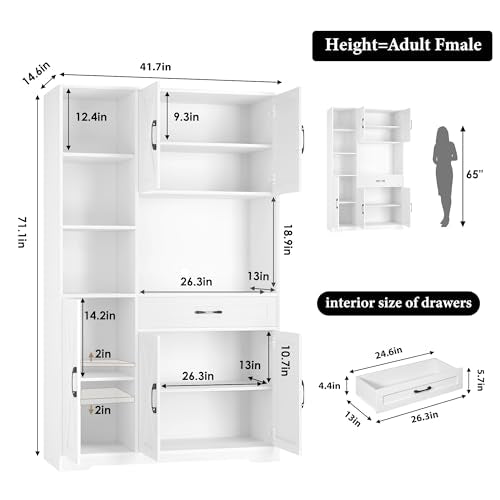 71" Tall Kitchen Pantry Storage Cabinet with Microwave Stand, Barn Doors, Large Drawer and Shelves, Ash Grey Z7990