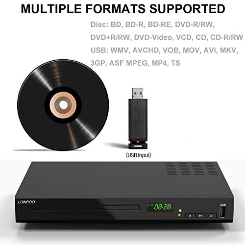 HD Blu-Ray Disc Player with HDMI and AV Cables, 1080P, PAL NTSC, Coaxial Output, USB Input Y721