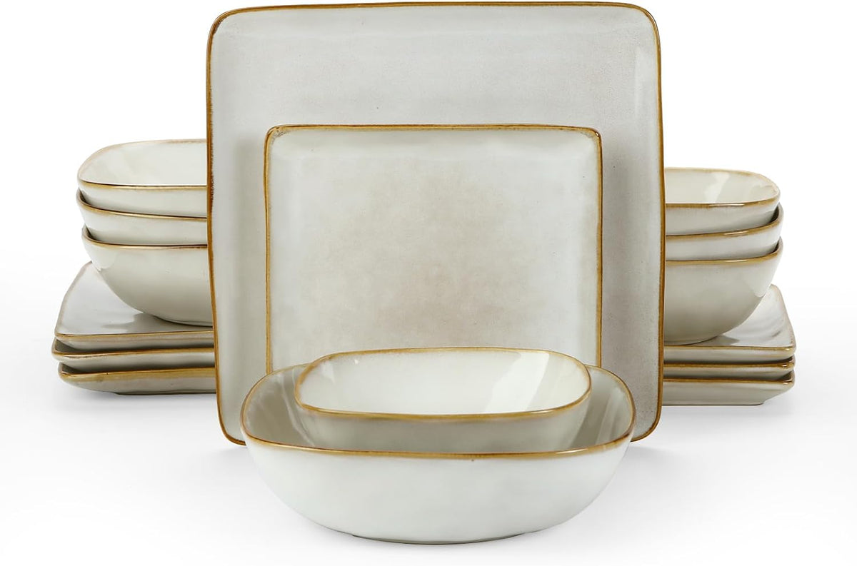 16-Piece Dinnerware Set, Square Plates and Bowls, Cappuccino White O52266