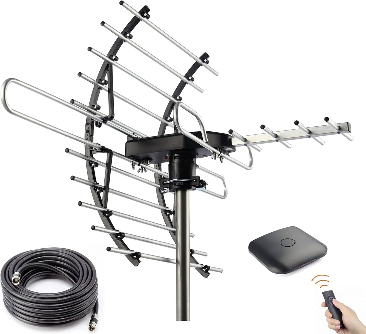 Digital HD TV Antenna, Outdoor Attic Antenna, 360 Degree Rotation Wireless Remote, 200 Miles Range, 4K 1080P VHF UHF Q6241