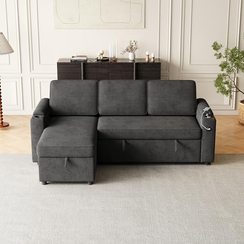Dark Grey L-Shaped Fabric Sofa with Pull Out Bed V182709