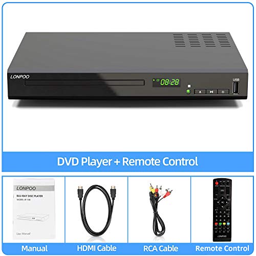 HD Blu-Ray Disc Player with HDMI and AV Cables, 1080P, PAL NTSC, Coaxial Output, USB Input Y721