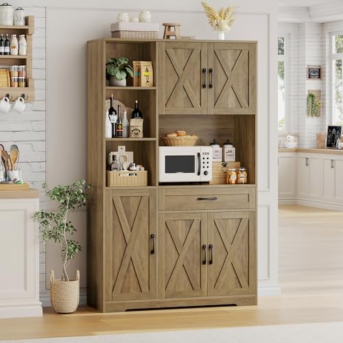 71" Tall Kitchen Pantry Storage Cabinet with Microwave Stand, Barn Doors, Large Drawer and Shelves, Ash Grey Z7990