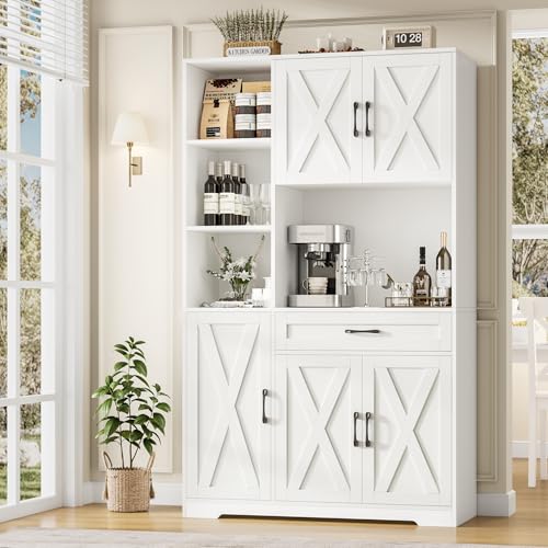 71" Tall Kitchen Pantry Storage Cabinet with Microwave Stand, Barn Doors, Large Drawer and Shelves, Ash Grey Z7990