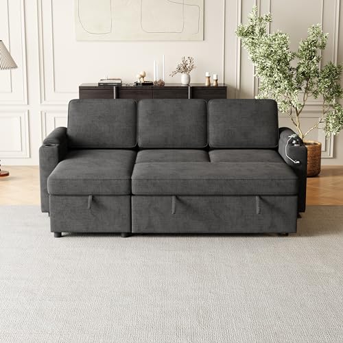 Dark Grey L-Shaped Fabric Sofa with Pull Out Bed V182709