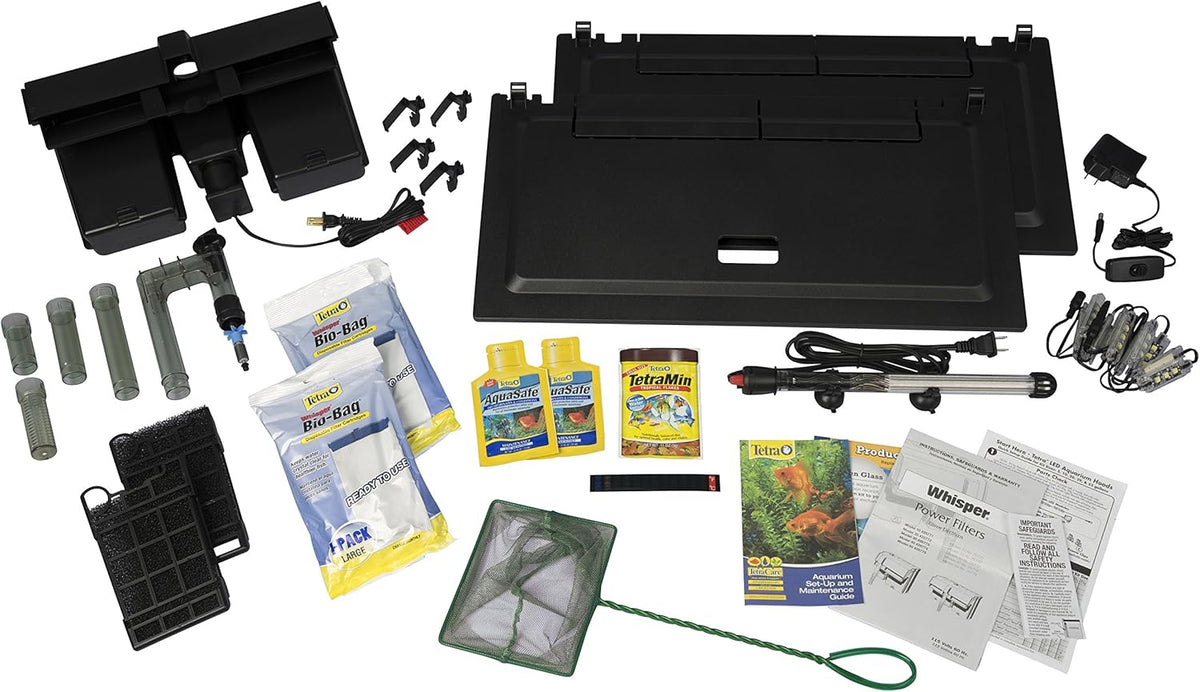 55 Gallon Aquarium Kit with Fish Tank, Fish Net, Fish Food, Filter, Heater and Water Conditioners H2945