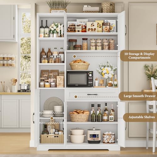 71" Tall Kitchen Pantry Storage Cabinet with Microwave Stand, Barn Doors, Large Drawer and Shelves, Ash Grey Z7990