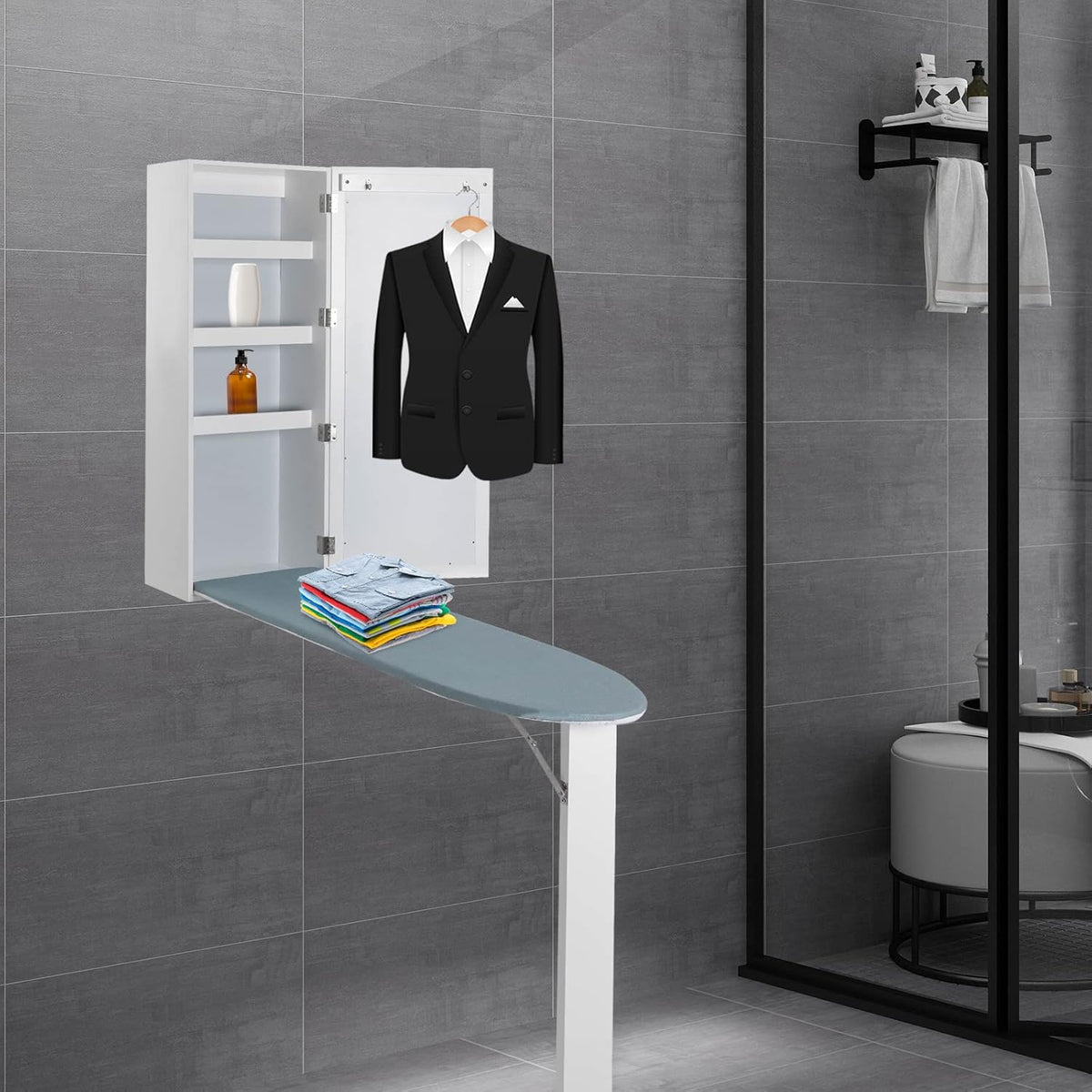 White Wall-Mounted Ironing Board Cabinet with Mirror Y253962