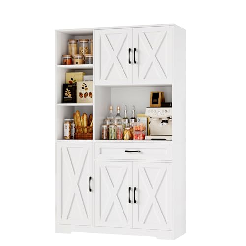 71" Tall Kitchen Pantry Storage Cabinet with Microwave Stand, Barn Doors, Large Drawer and Shelves, Ash Grey Z7990