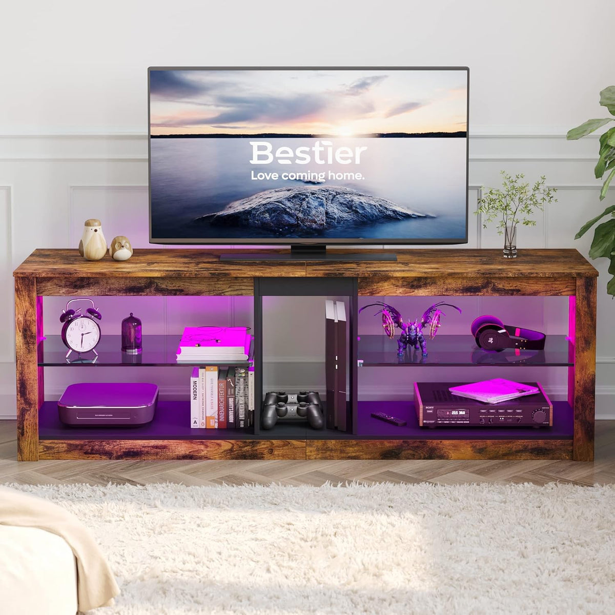 Gray Wash TV Stand with 2 Glass Shelf V15395