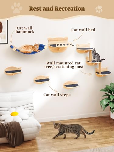 Cat Wall Shelves Set with Hammock Perches Sisal Scratching Post O140767