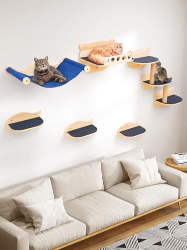Cat Wall Shelves Set with Hammock Perches Sisal Scratching Post O140767