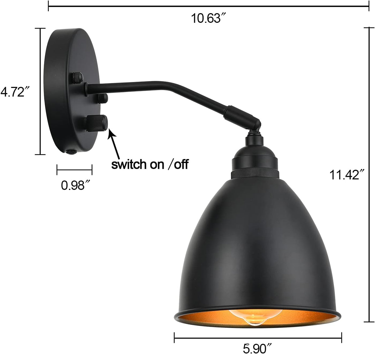 Matt Black Metal Wall Sconce with on/Off Switch D8785