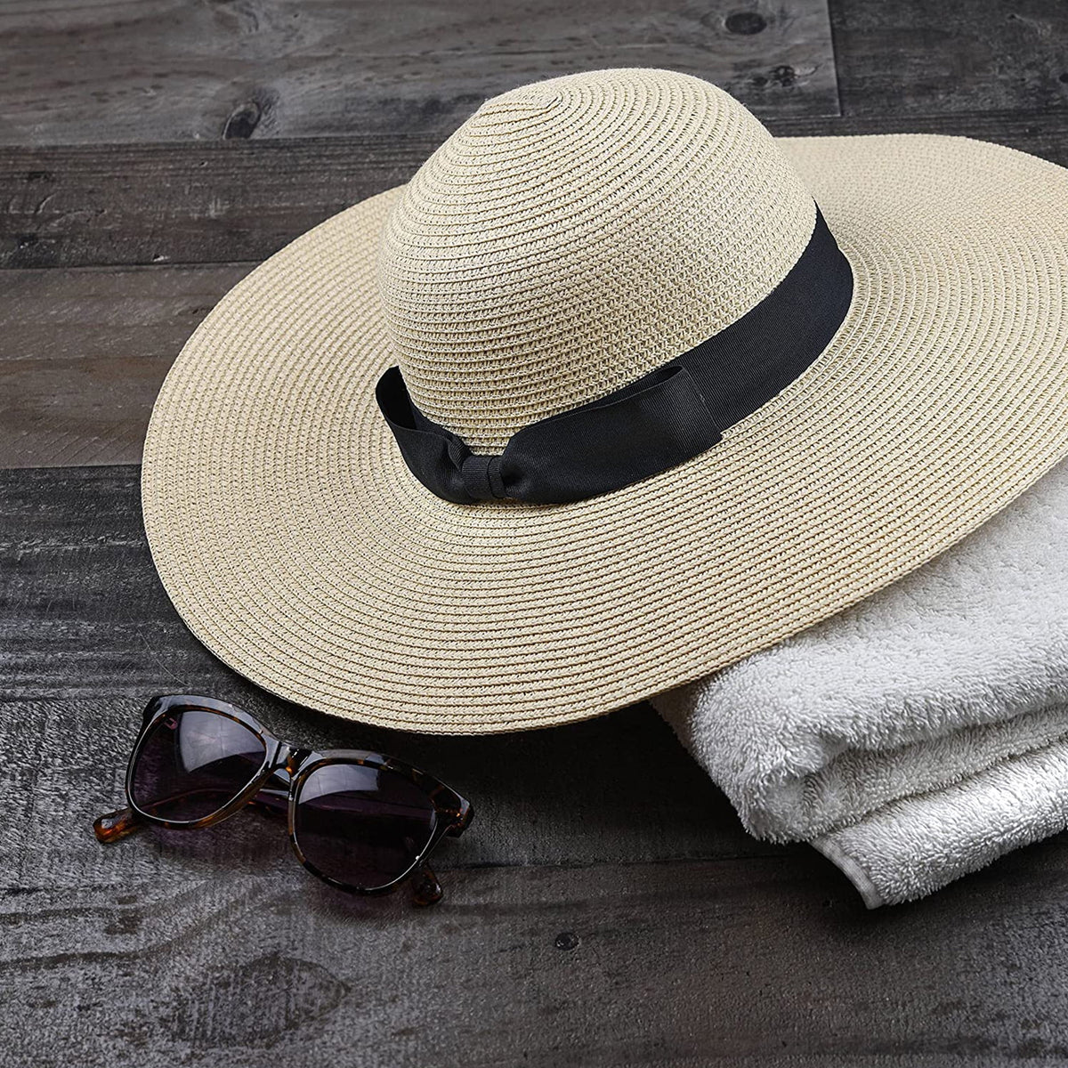 Beige Straw Floppy Sun Hat with Wide Brim D9322