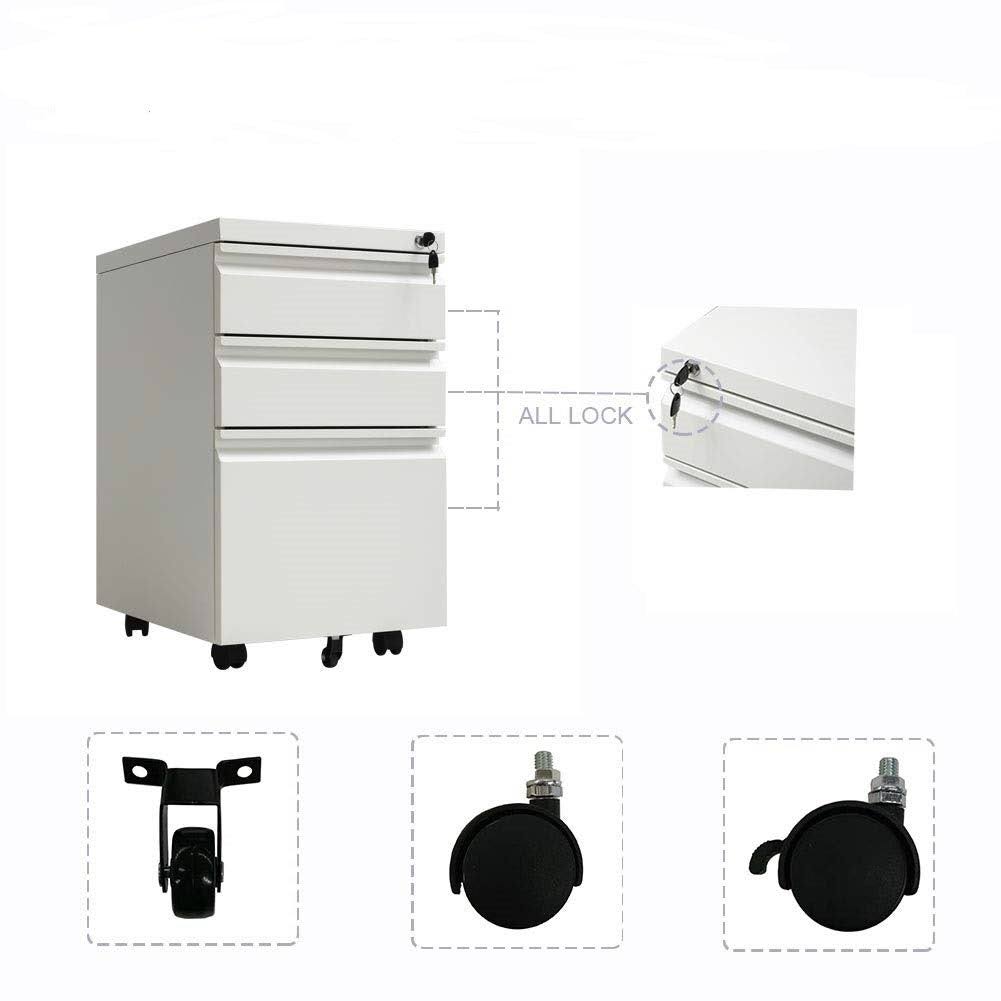 White 3-Drawer Locking Rolling Metal File Cabinet D9672