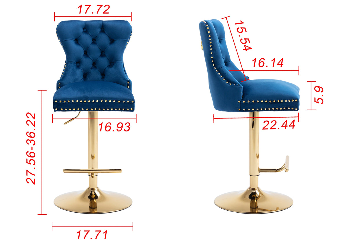 Blue Velvet Swivel Bar Stools Set Of 2 Adjustable Counter Height Y90620