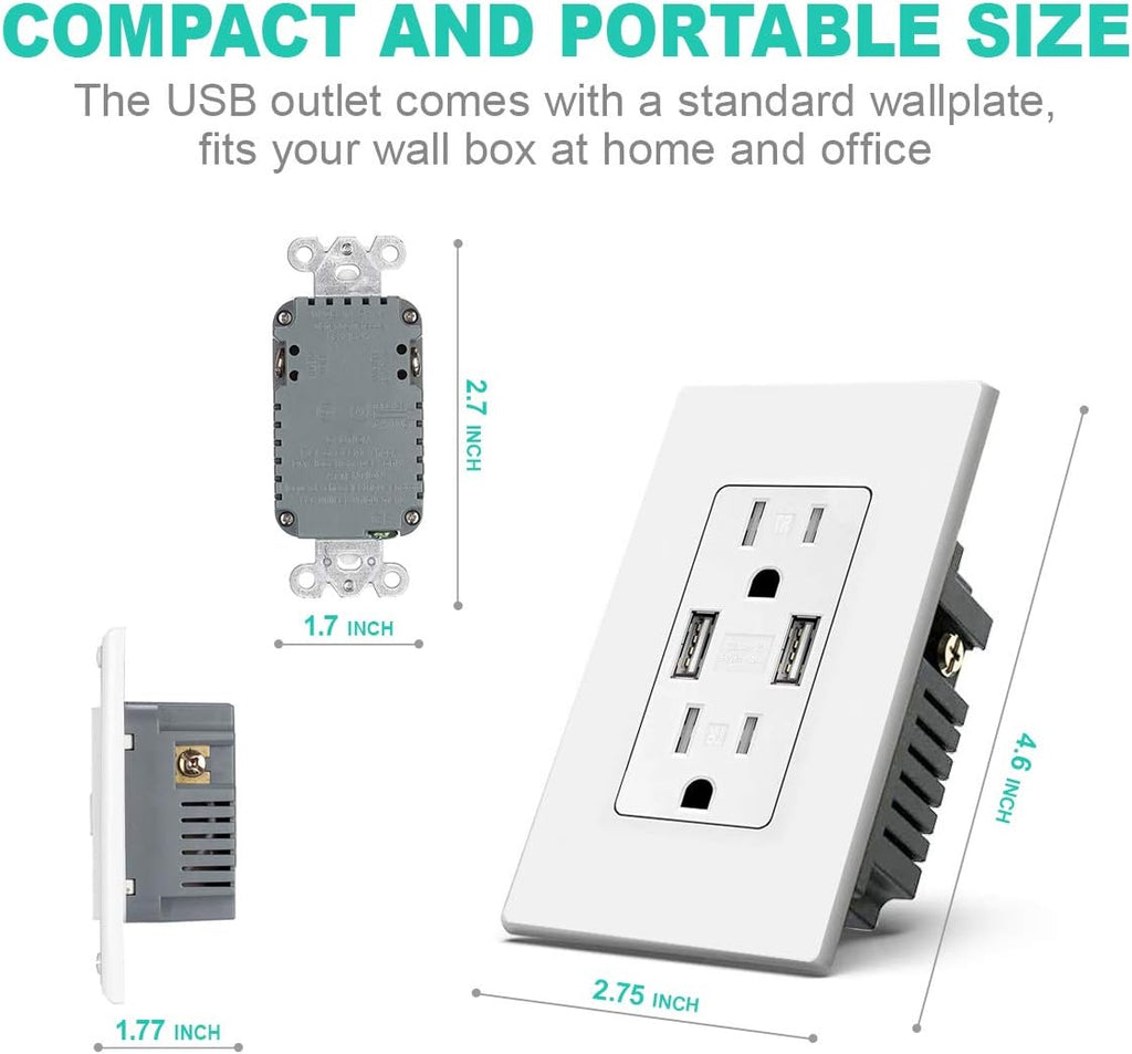 White 15 Amp Tamper Resistant Duplex Receptacle USB Wall Outlet, Pack of 2 I7130