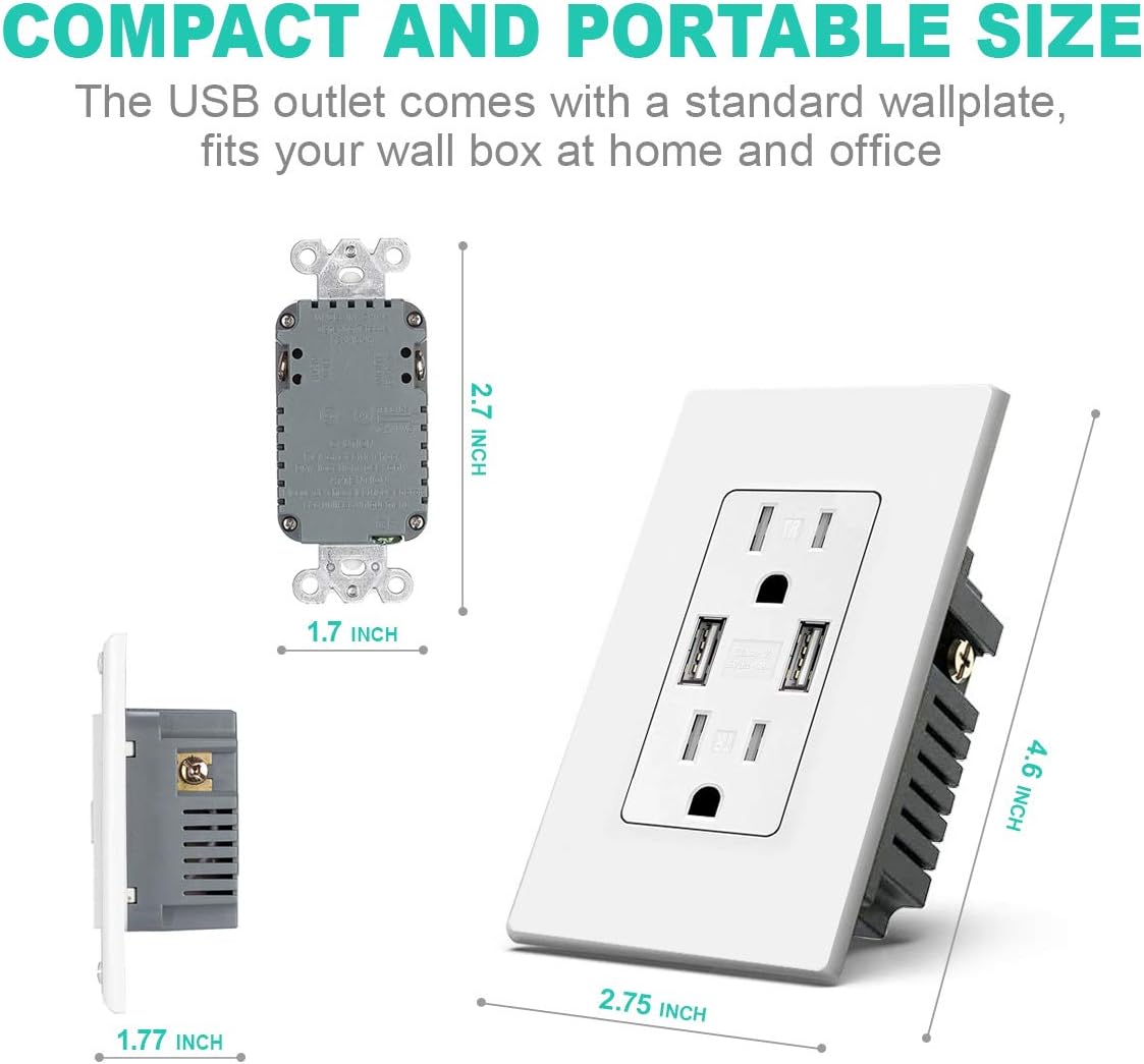 White 15 Amp Tamper Resistant Duplex Receptacle USB Wall Outlet, Pack of 2 I7130