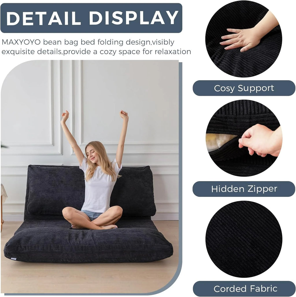 Black Corded Washable Bean Bag Bed Folding Sofa Bed Floor Mattress, 39x95 Inch P228