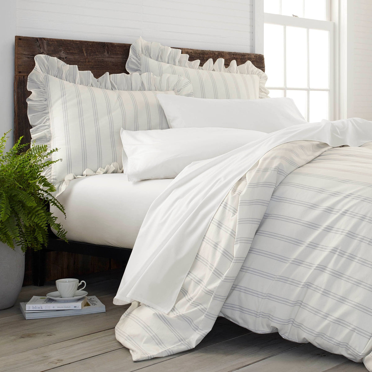 King 3 Piece Organic Cotton Striped Duvet Cover Set B522278