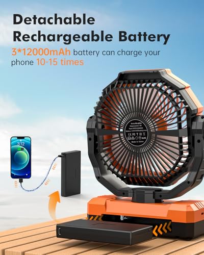 24000mAh Rechargeable Battery Operated Camping Fan with Light & Hook A7603