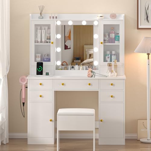 White Vanity Desk with Mirror and Lights C8589
