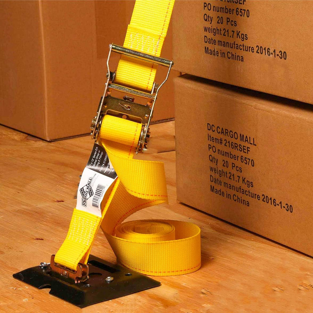 2 x 12 Heavy Duty Yellow Polyester Ratcheting Tie-Down Straps with E-Track Spring Fittings B822641