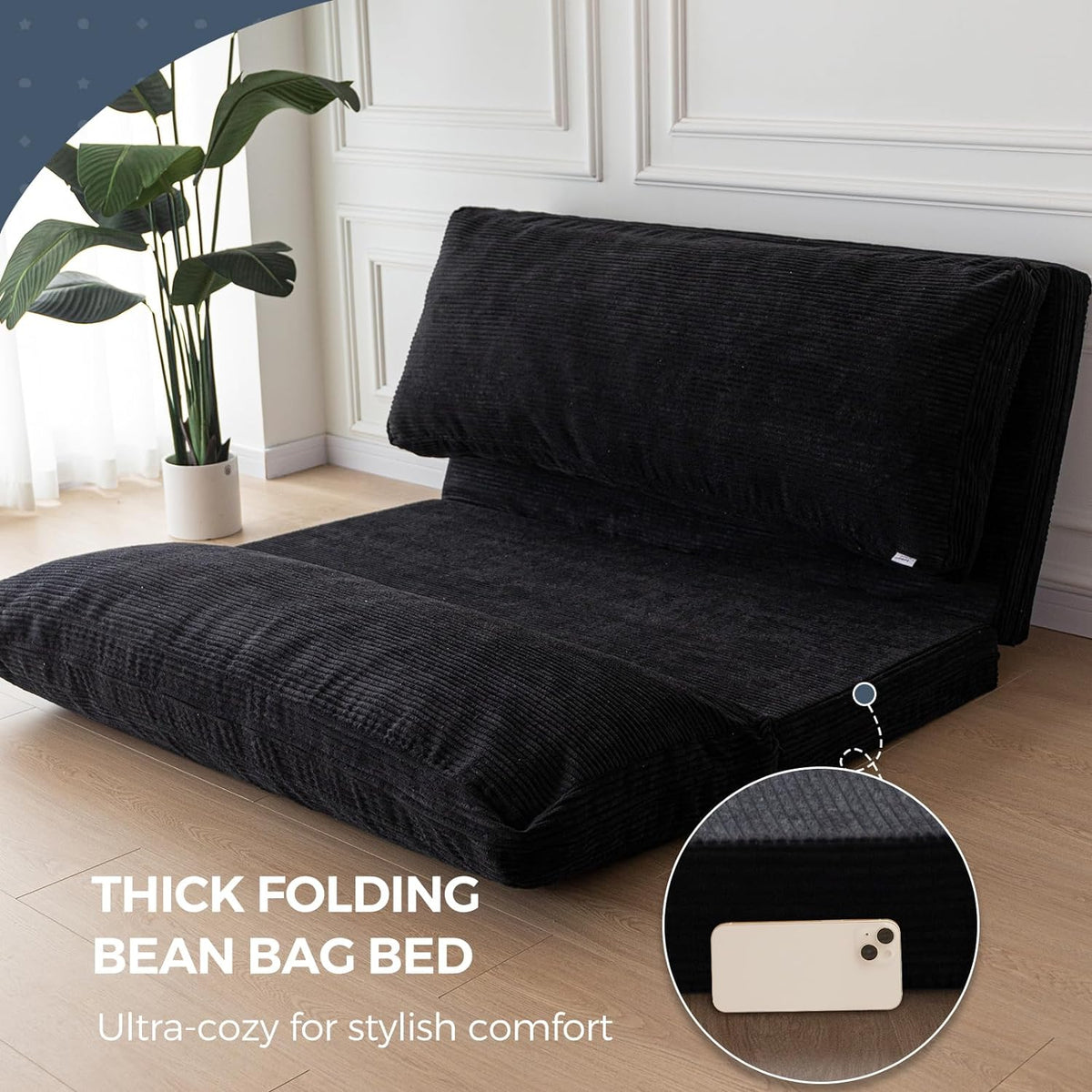 Black Corded Washable Bean Bag Bed Folding Sofa Bed Floor Mattress, 39x95 Inch P228