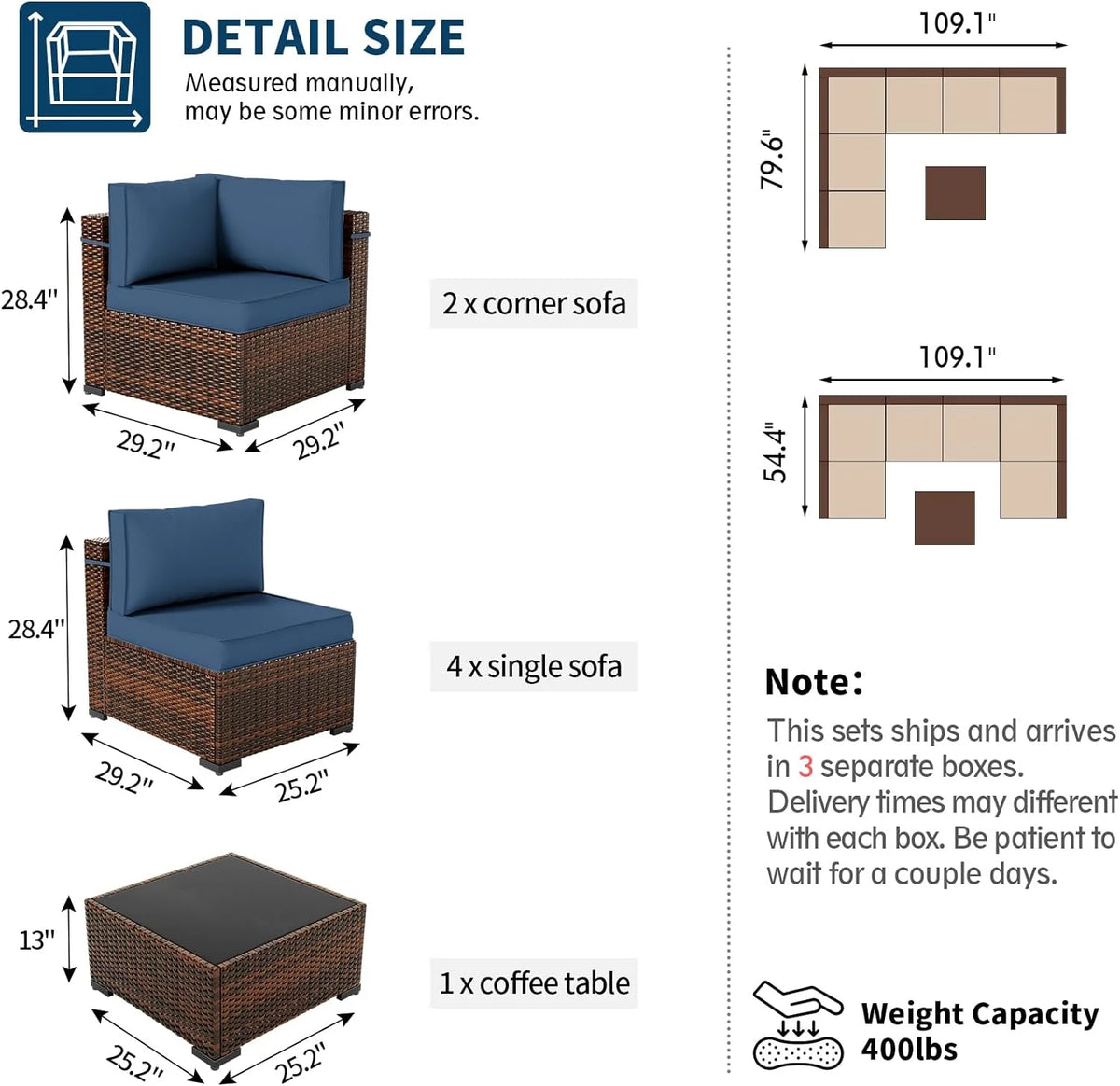 7 Pieces PE Rattan Wicker Patio Furniture Set with Glass Table R95567
