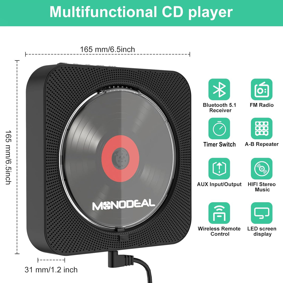 Pack of 2 Wall Mounted Bluetooth CD Player with Built-in Dual Speakers U9697