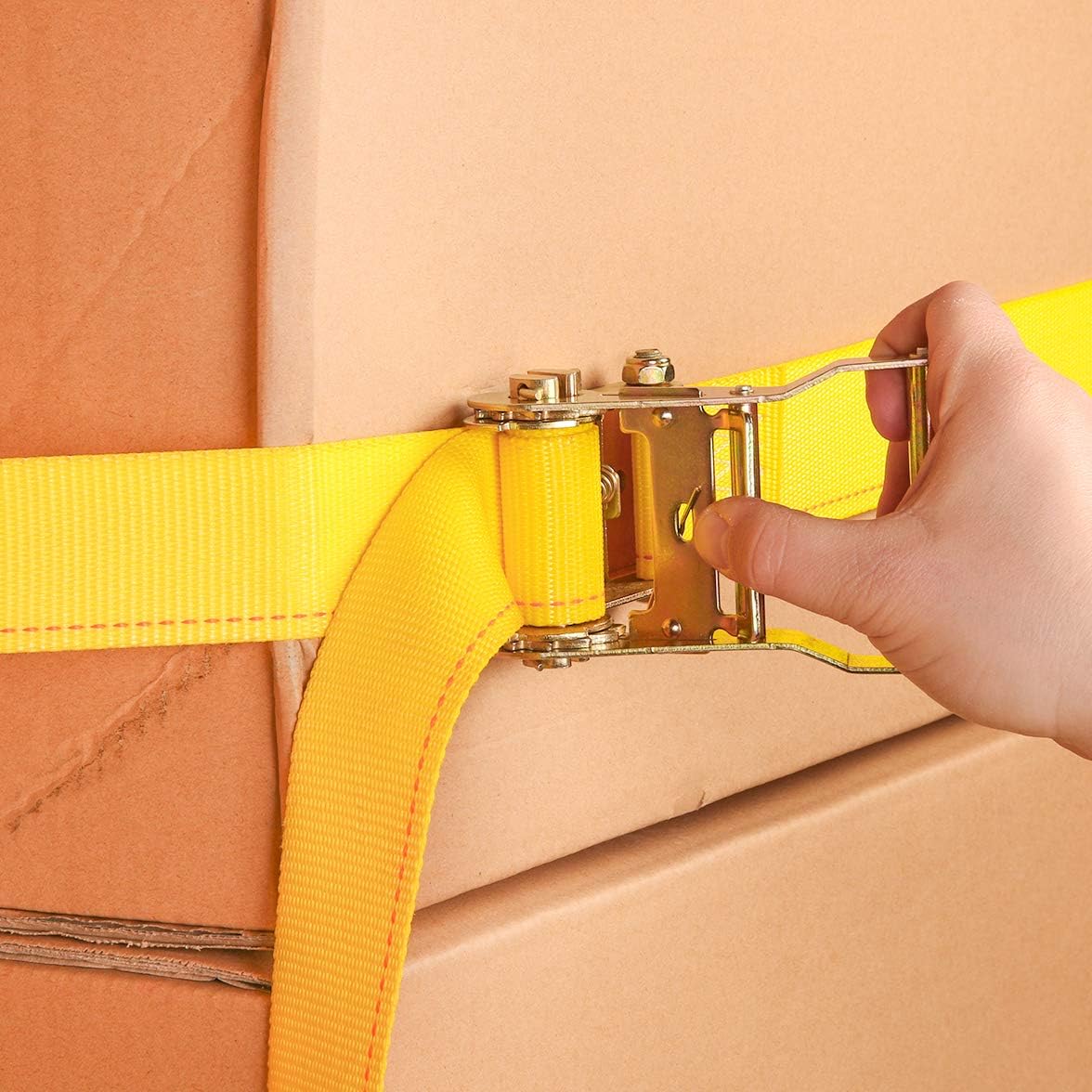 2 x 12 Heavy Duty Yellow Polyester Ratcheting Tie-Down Straps with E-Track Spring Fittings B822641