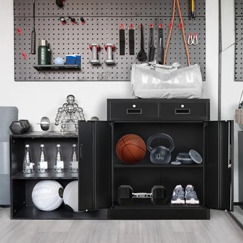 Black Steel Storage Cabinet with 2 Lockable Doors and 2 Adjustable Shelves K382
