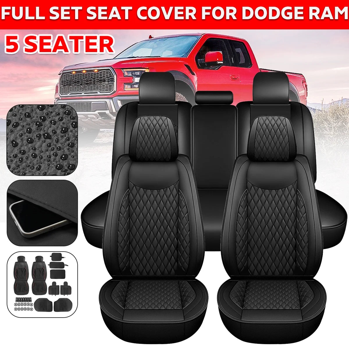 Black Waterproof Leather Full Set Car Seat Cover R61098
