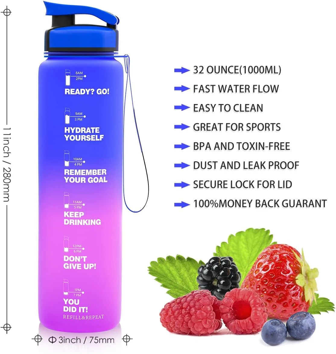 1L Leak Proof BPA Free Reusable Sports Water Bottle J790193