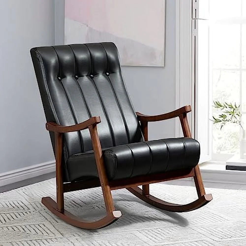 Upholstered Rocking Chair with Fabric Padded Seat Solid Wood High Back Armchair Grey E4479