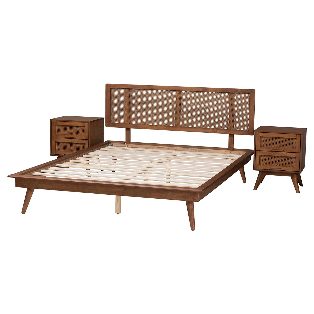 Walnut Brown Wood and Rattan King Size 3-Piece Bedroom Set S7218