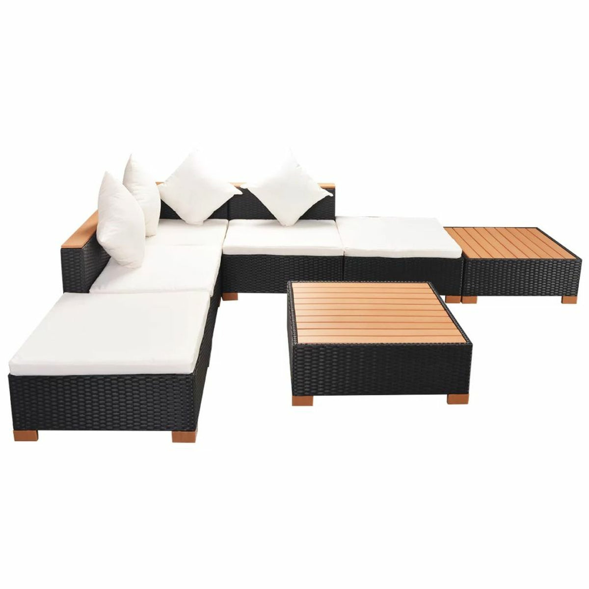 7 Piece Outdoor Sectional Sofa Set with Coffee Table and Ottoman Black Poly Rattan M630