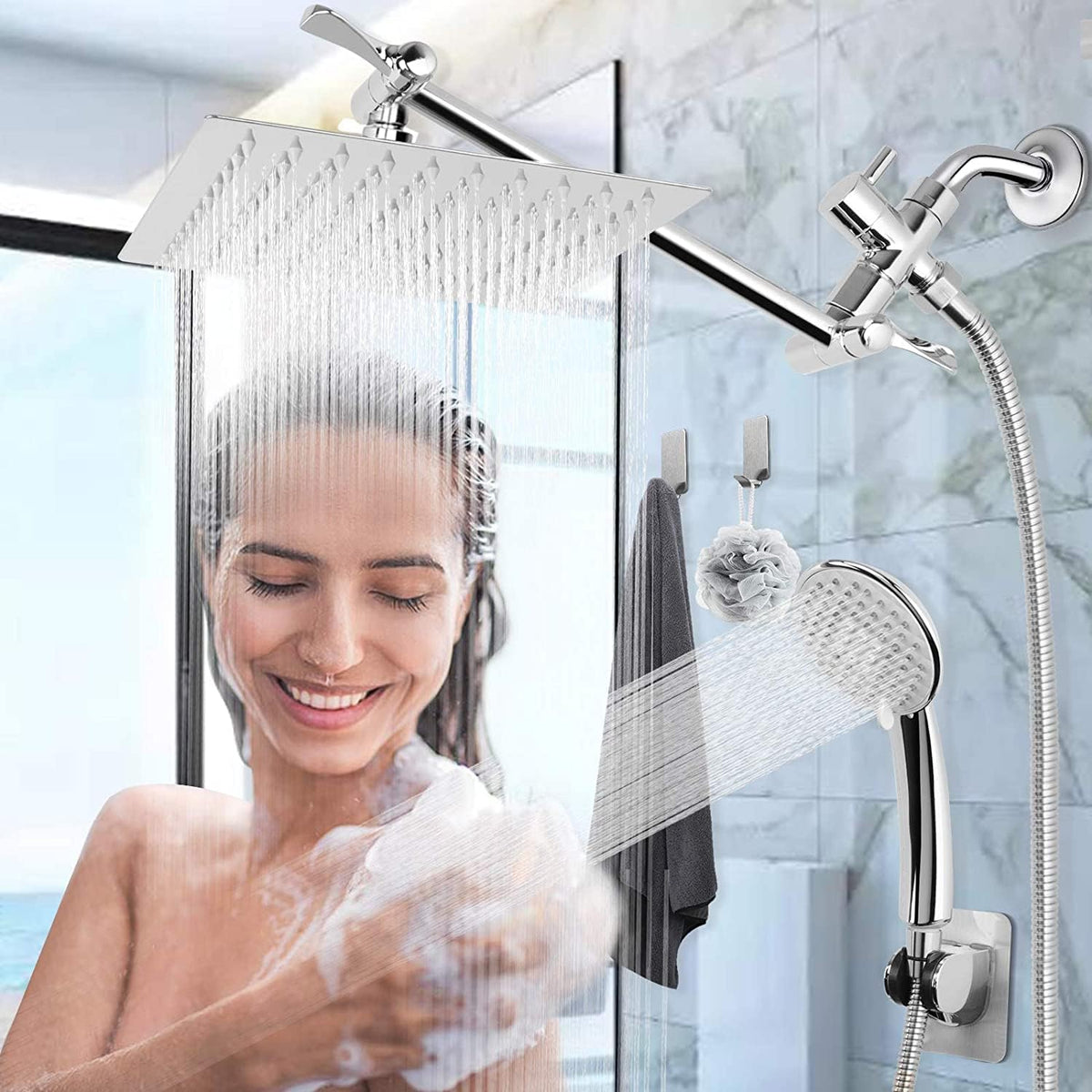 Chrome 8" Rain Shower Head with Handheld Spray and Holder, 1.5M Hose, Pack of 2 E5425